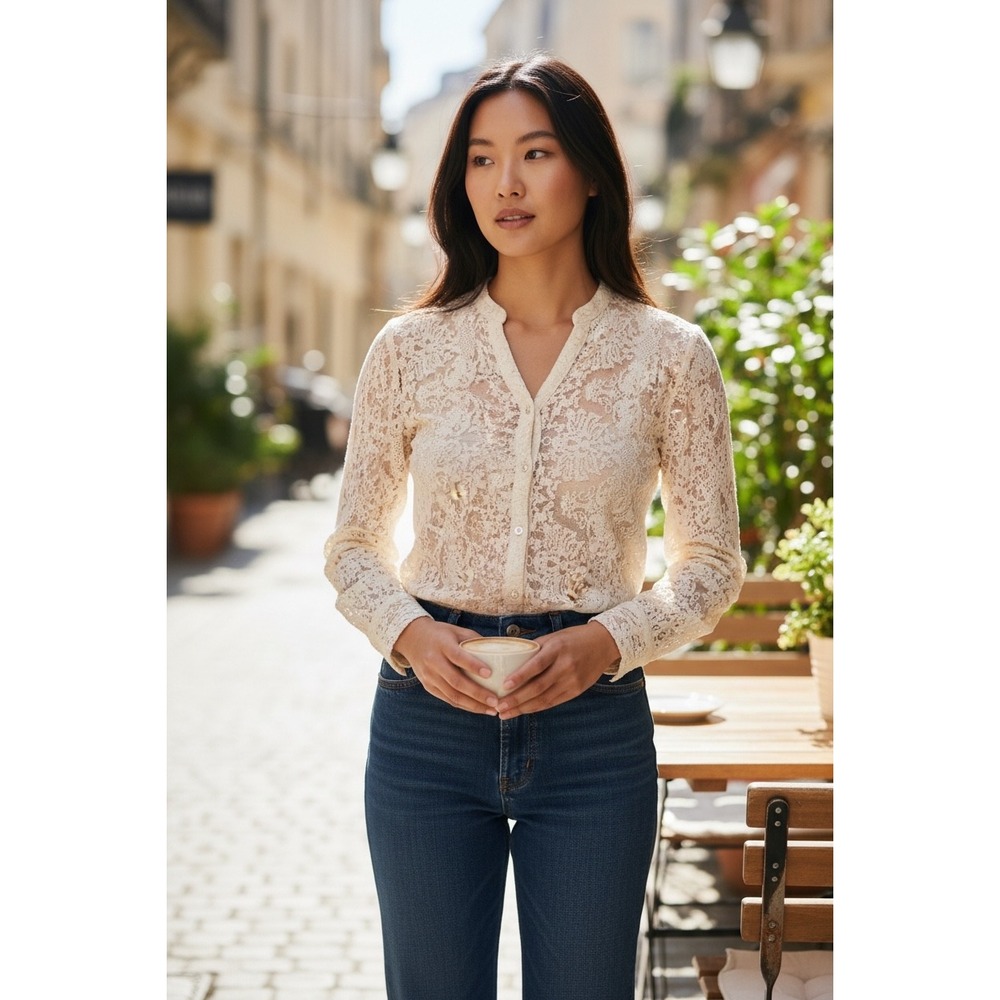 Sundance Cream Floral Lace Button Down Blouse Sheer Long Sleeve V-Neck Top Sz XS